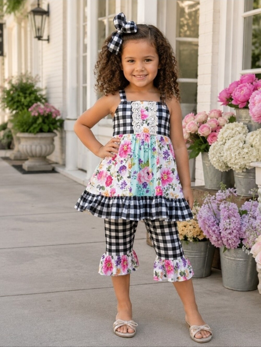 Girls Floral Gingham Capri Set